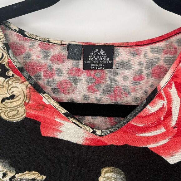 LR Women’s Boho Artsy Knit Top L Silk Black Red Floral Baroque Y2K Long Sleeve - Picture 2 of 6